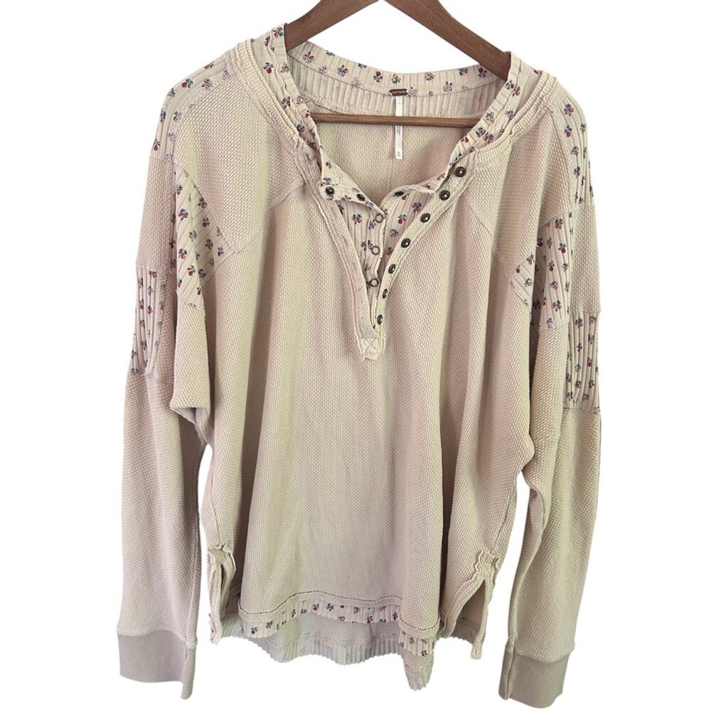 Free People Heart to Heart Thermal Henley Top XL Cream Beige Floral Waffle Boho